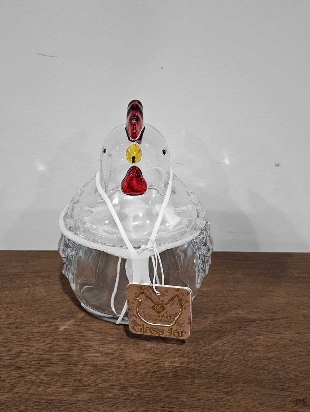 Clear Glass Chicken Cookie Jar with Red and Yellow Accents